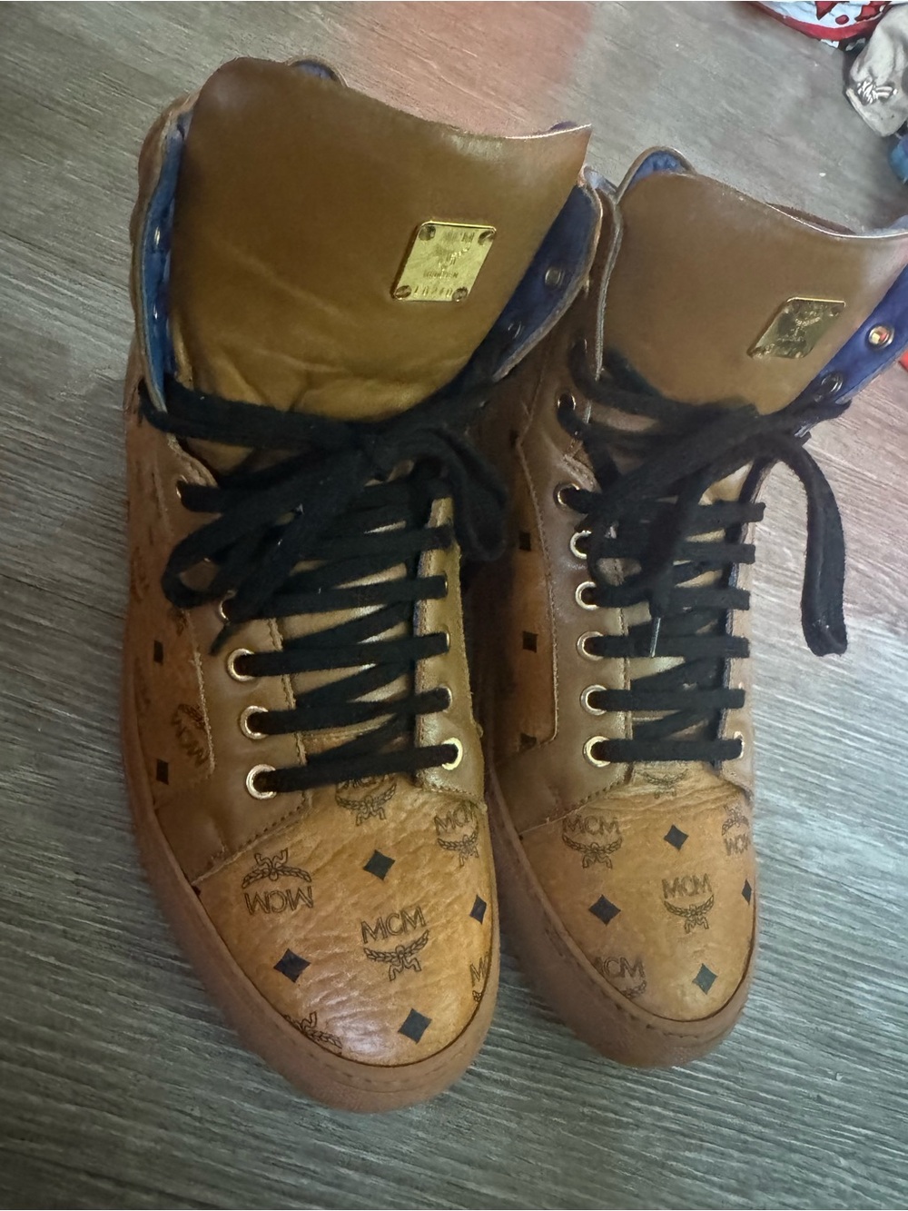 MCM Brown Cognac Monogram High-Top Sneakers with Black Laces